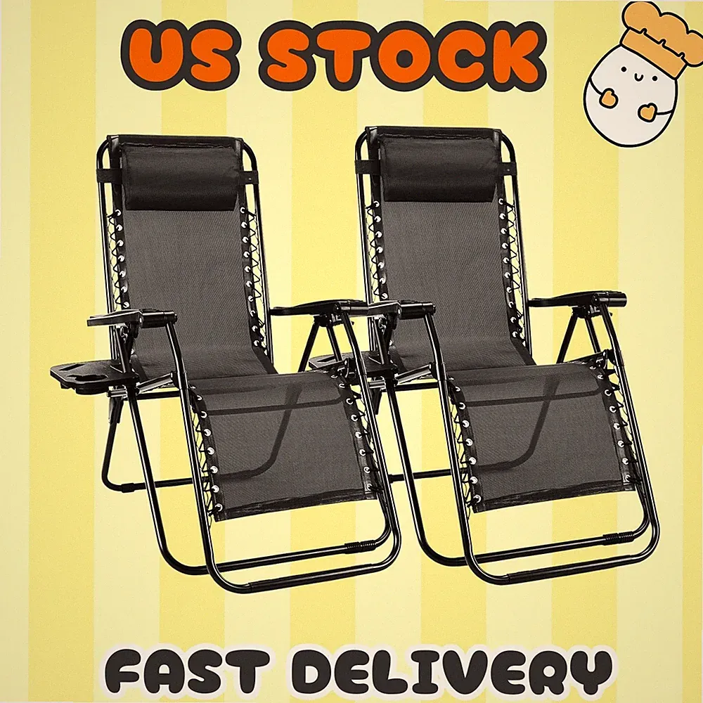2 Zero Gravity Outdoor Chairs – Folding Recliners with Cup Holders & Pillow