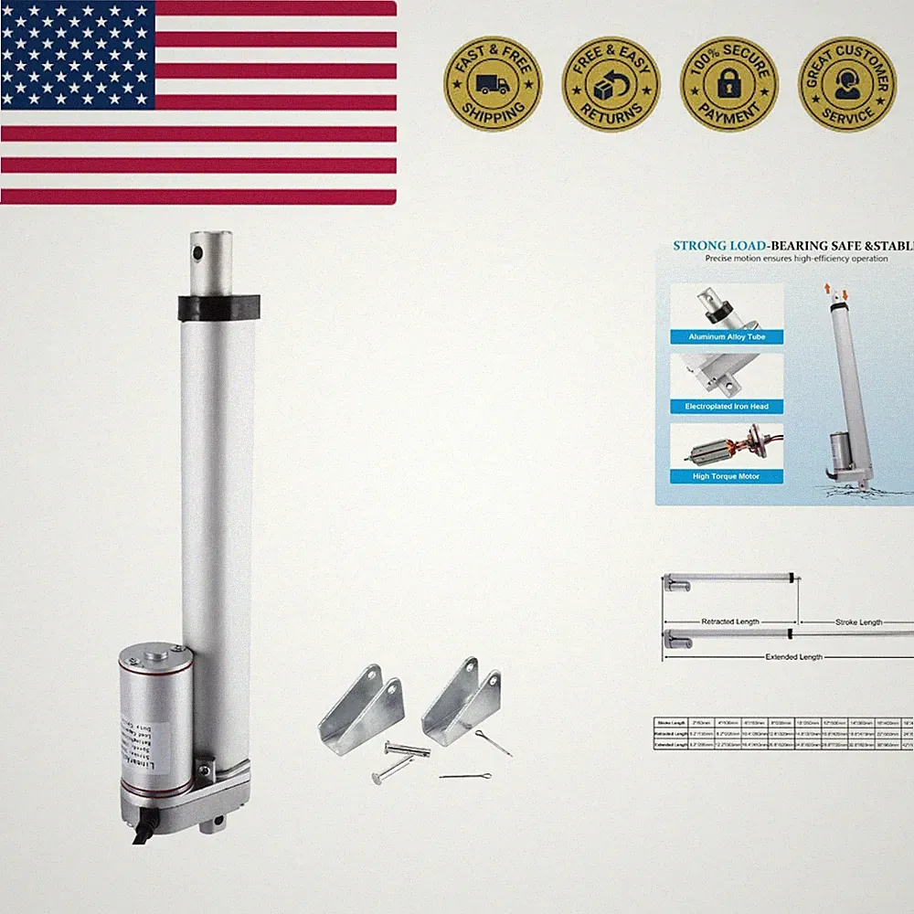 DC12V 8inch Stroke Linear Actuator with Mounting Bracket 900N225lbs Maximum L...