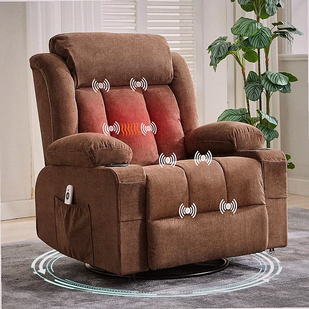 Heated Massage Rocking Recliner Chair with Swivel, Cup Holders & USB Ports