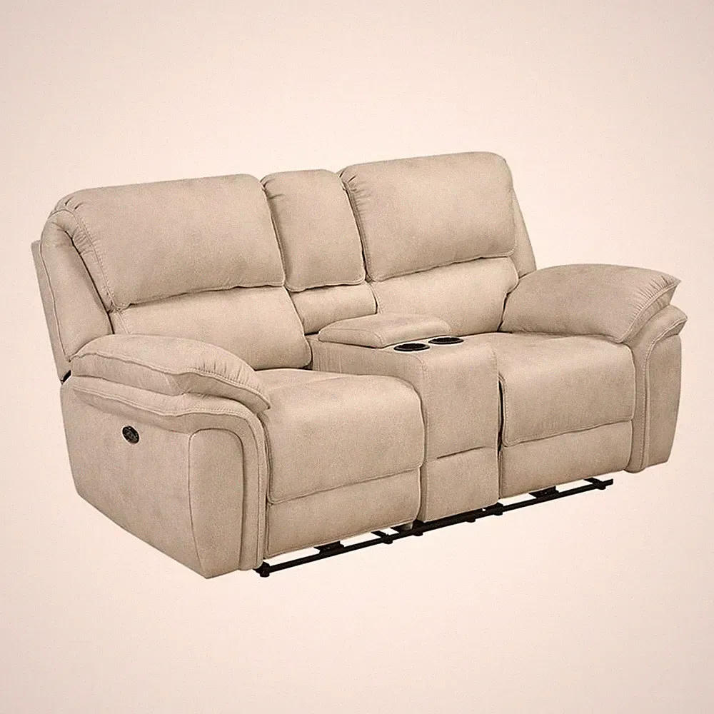 Pemberly Row Microfiber Power Reclining Loveseat with Console USB in Sand