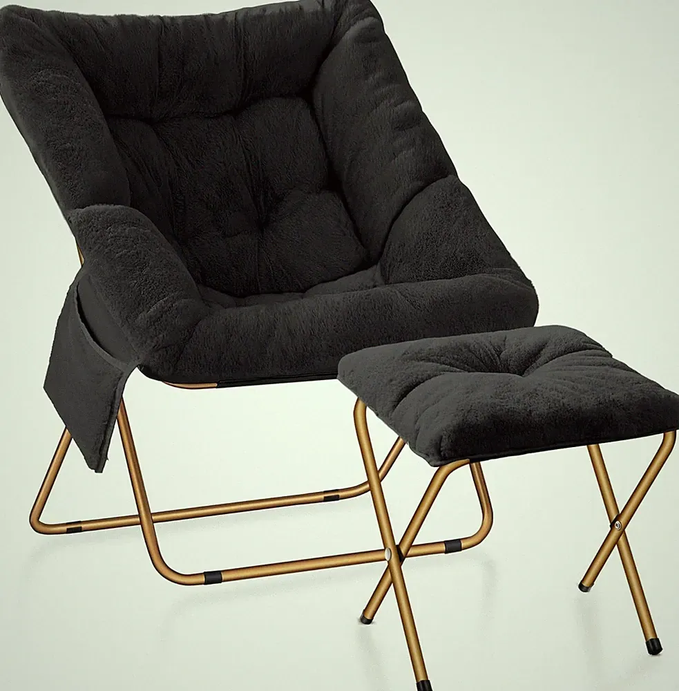 X-Large Comfy Faux Fur Saucer Chair - Foldable Rocking Lounge Chair in Black
